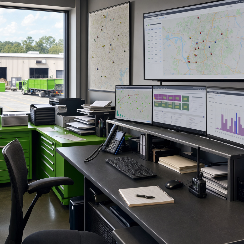 Local dispatch office with maps and routing screens, clean professional workspace