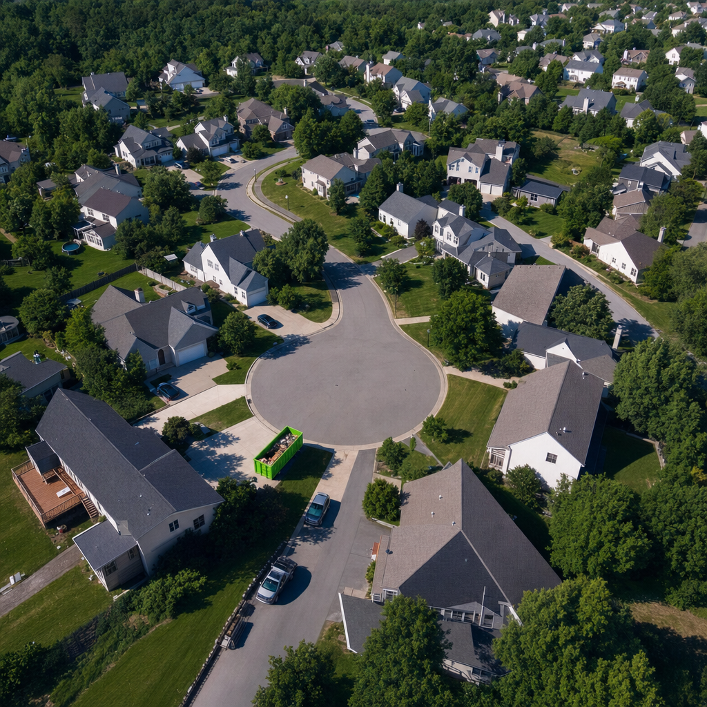 Aerial view of metro service area with dumpster delivery routes mapped across neighborhoods