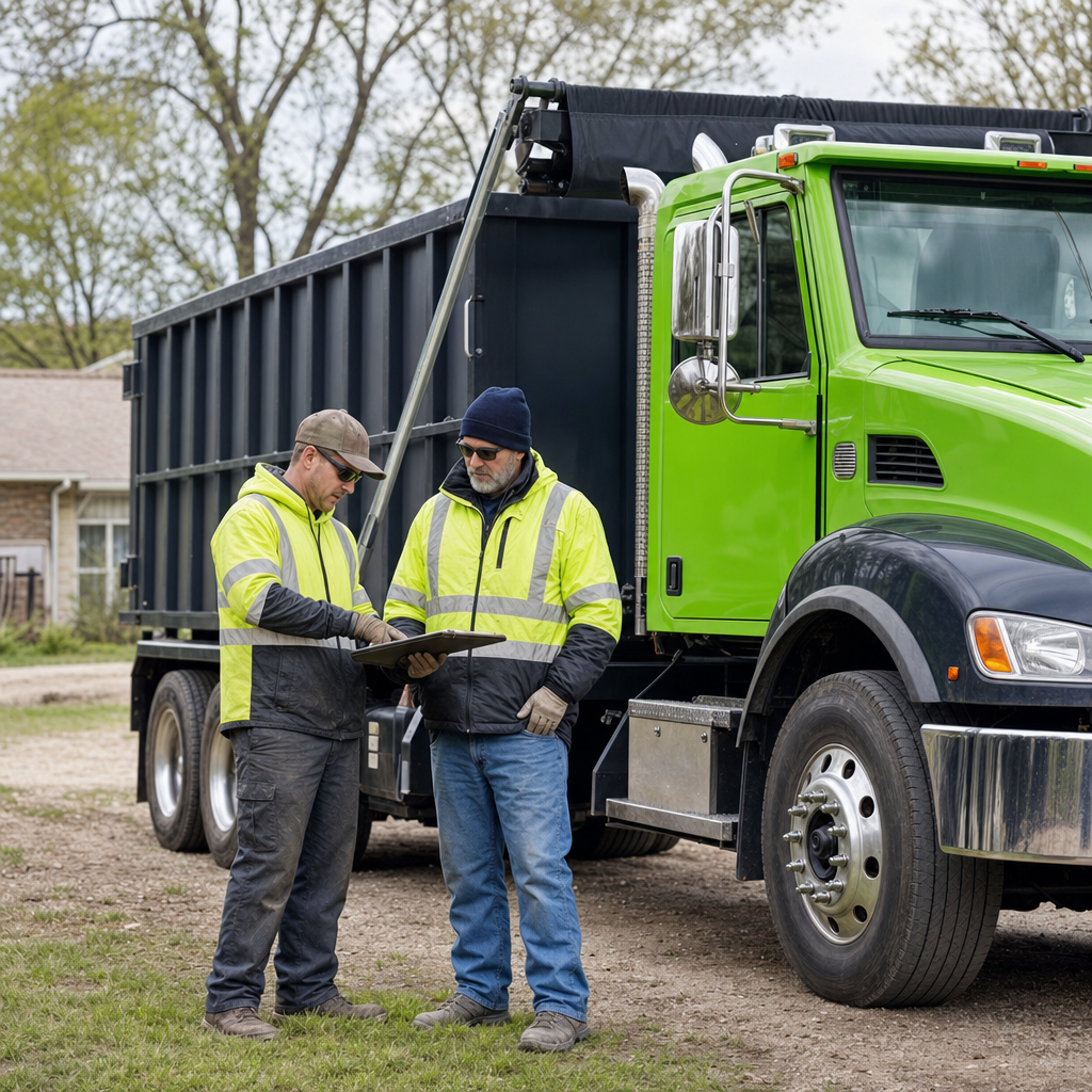Driver and dispatcher in high-visibility gear coordinating in front of a roll-off truck