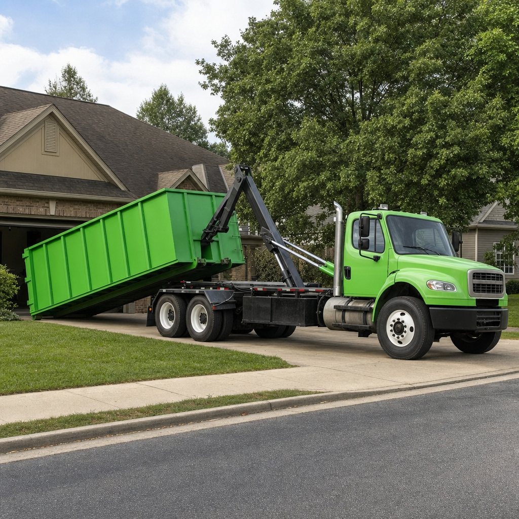 Roll-off truck with green dumpster operating in a residential neighborhood, fleet pride shot
