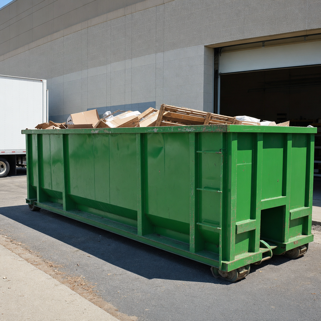 Commercial roll-off dumpster being lifted onto a hooklift truck behind a retail building