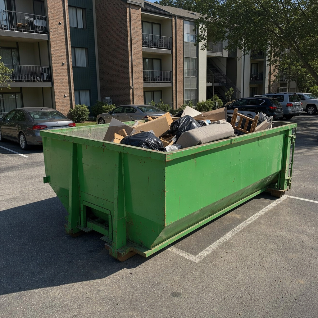 Multi-unit residential complex with a green roll-off dumpster staged in the parking lot during a building cleanout