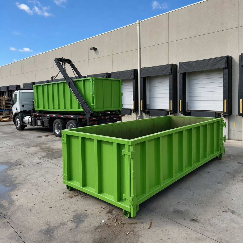 Commercial loading dock with a green roll-off dumpster in place and a delivery truck staging behind for swap
