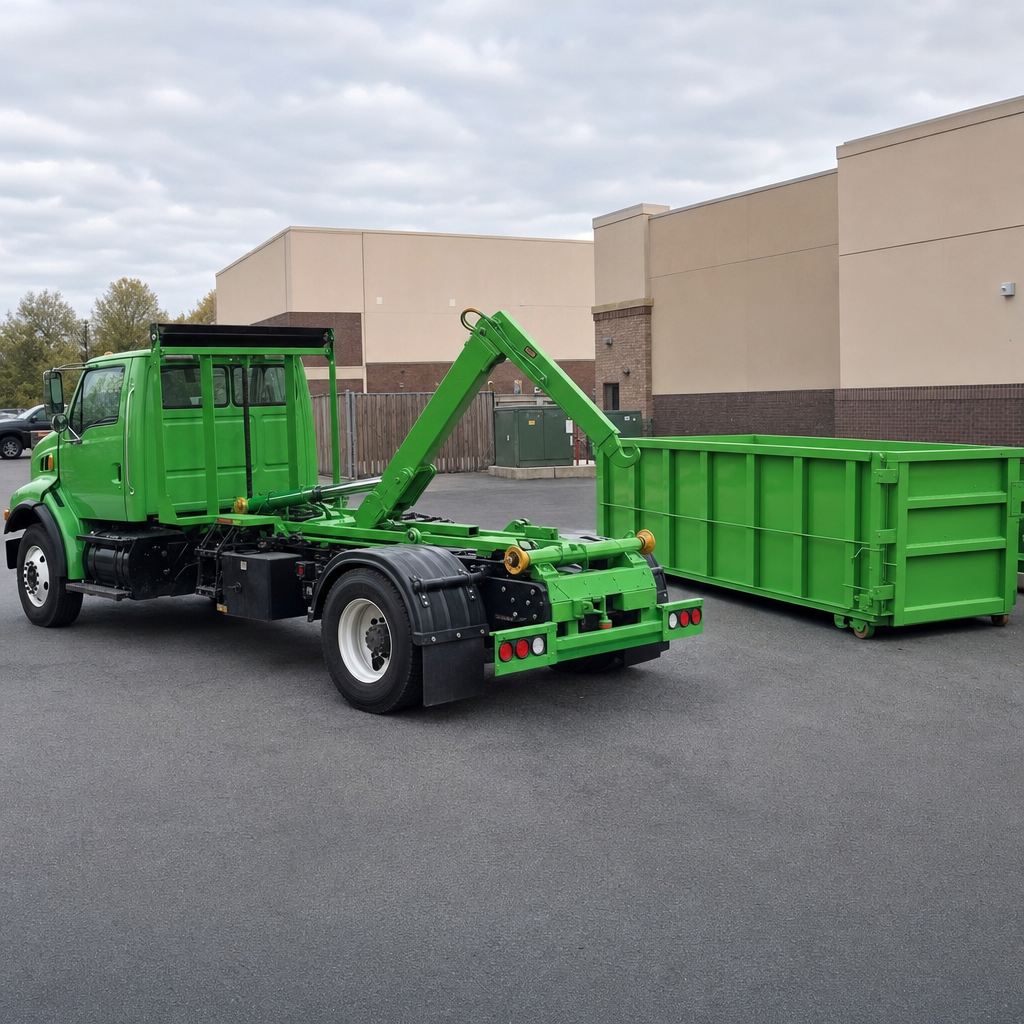 Industrial green commercial roll-off dumpster set behind a retail strip with a hooklift truck staging the next swap