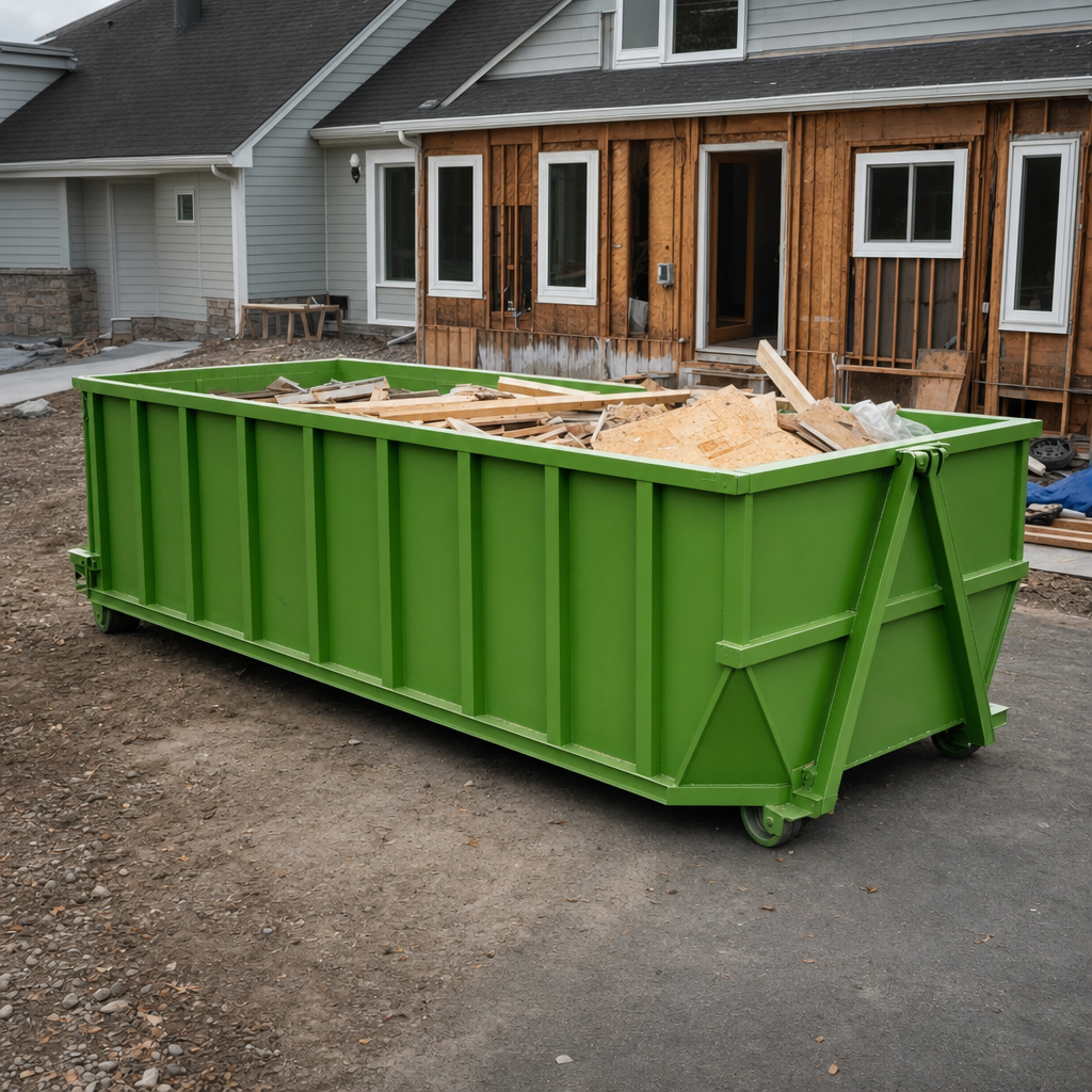 Forty-yard heavy-duty roll-off container staged on a residential remodel jobsite with framing lumber