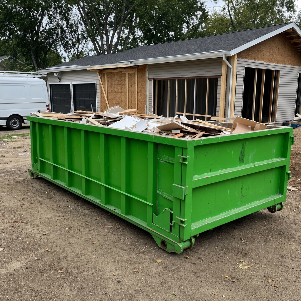 Heavy-duty construction roll-off dumpster on a residential remodel jobsite, partially loaded with drywall scraps, framing offcuts, and lumber debris