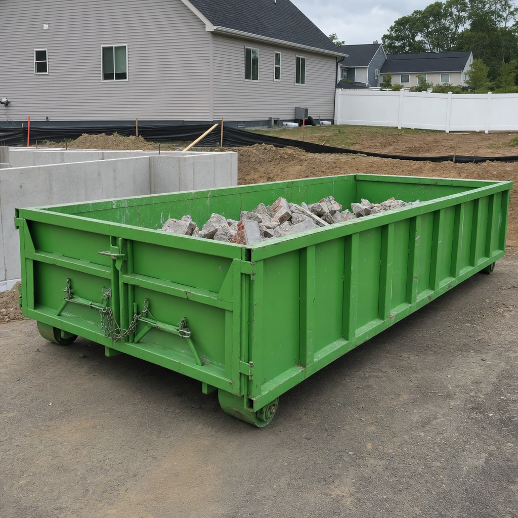 Reinforced lowboy roll-off container partly loaded with concrete chunks and broken brick on a contractor jobsite