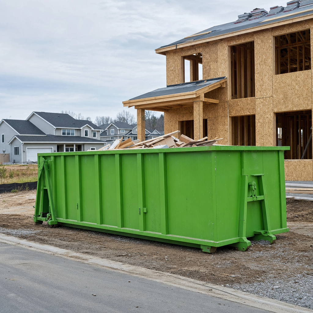 Heavy-duty 40-yard construction roll-off dumpster on an active jobsite next to framing materials