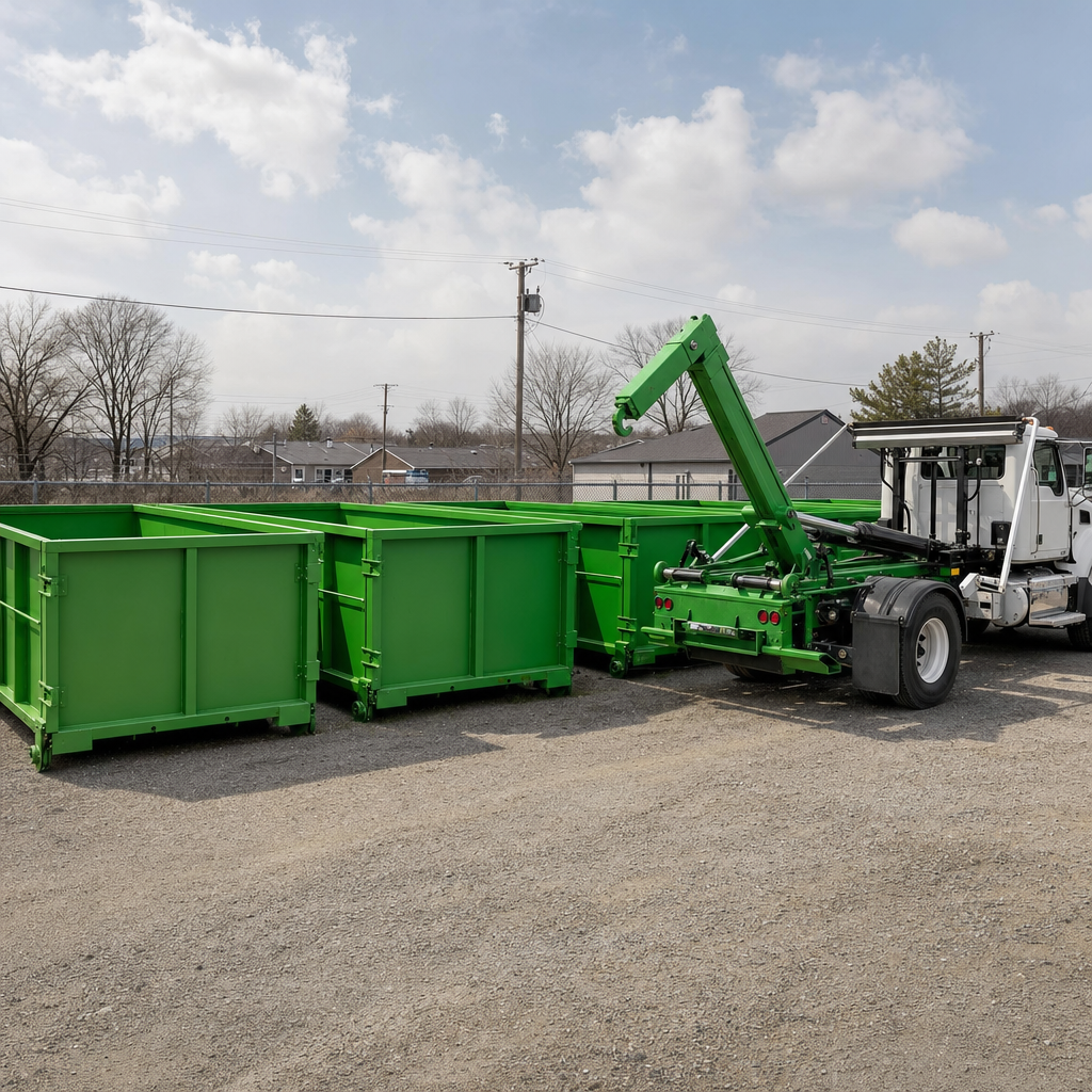 Roll-off dumpster yard with a row of industrial green containers and a white hooklift truck