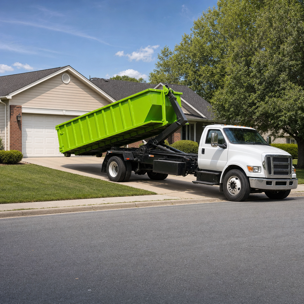 White roll-off truck with green dumpster ready for delivery on a residential street