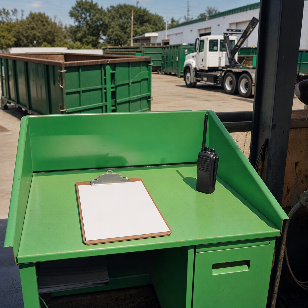 Dispatch desk at a roll-off dumpster rental yard with a clipboard and radio