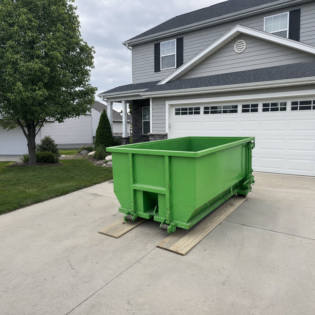 10-yard industrial green roll-off dumpster on wooden planks in a residential driveway