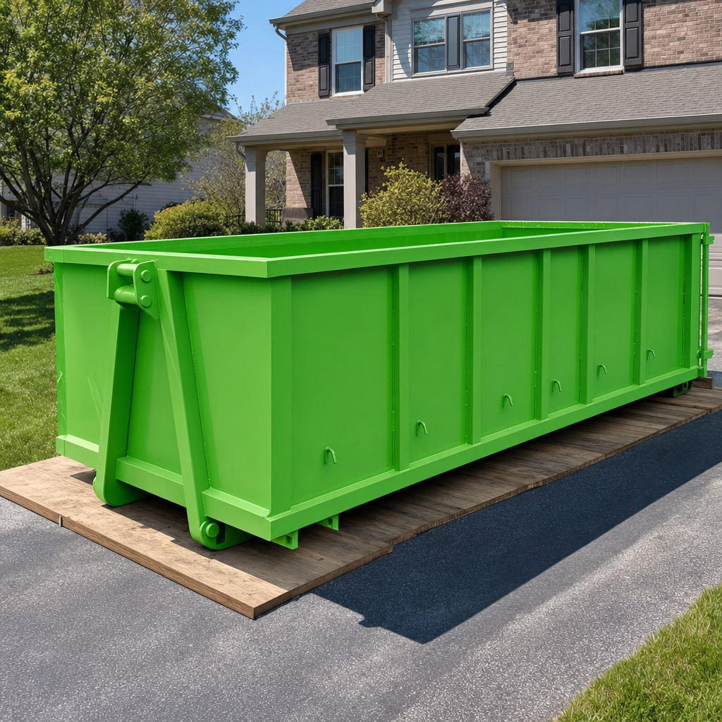 20-yard industrial green roll-off dumpster on driveway protection planks at a residential property