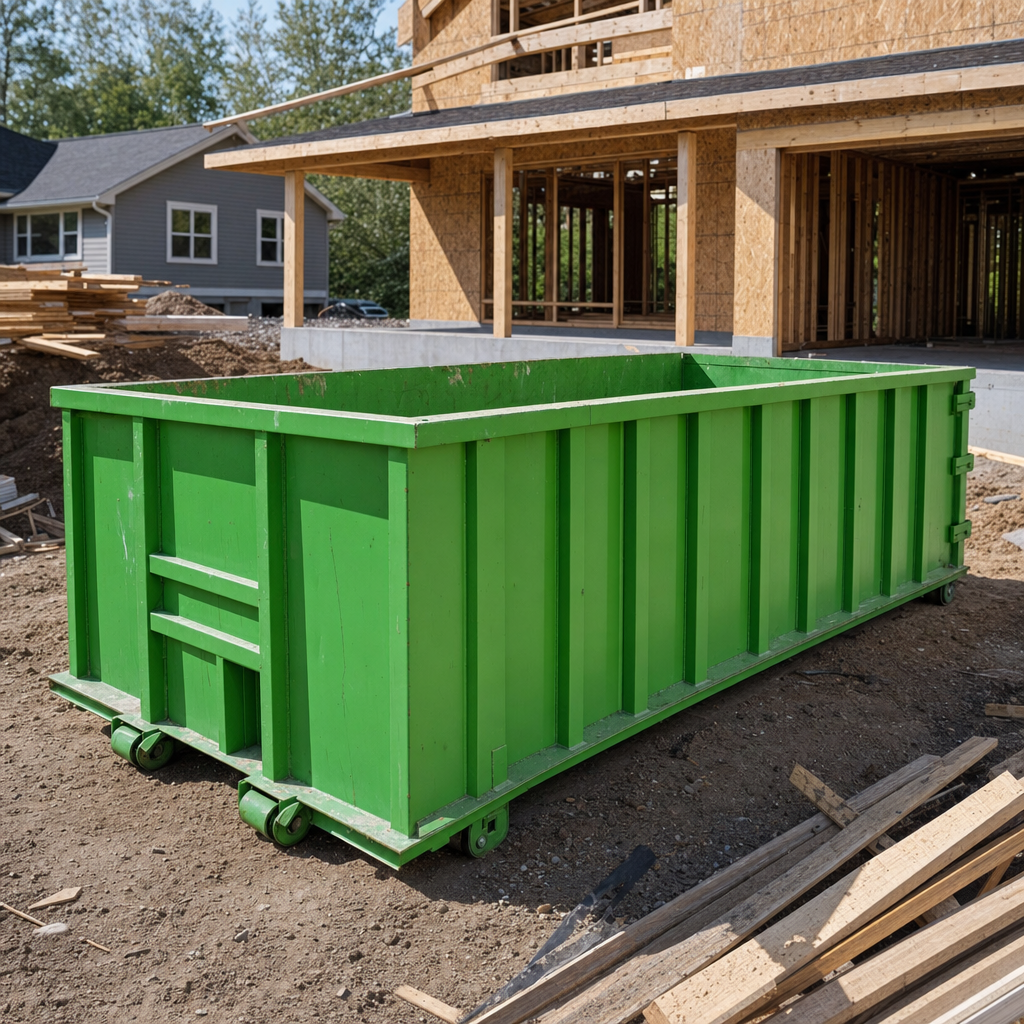 30-yard industrial green roll-off dumpster at a construction jobsite