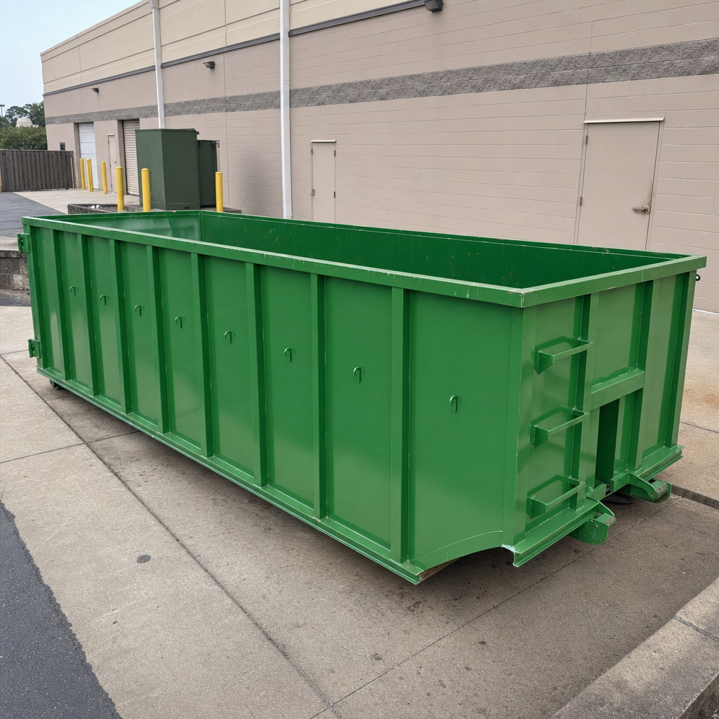 40-yard industrial green commercial roll-off dumpster behind a retail building