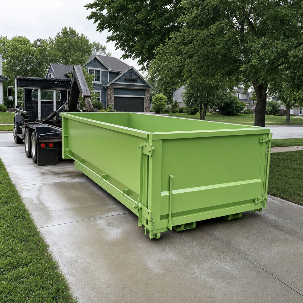 Driver in a high-visibility yellow vest reviewing a delivery ticket beside a green roll-off dumpster on a residential driveway