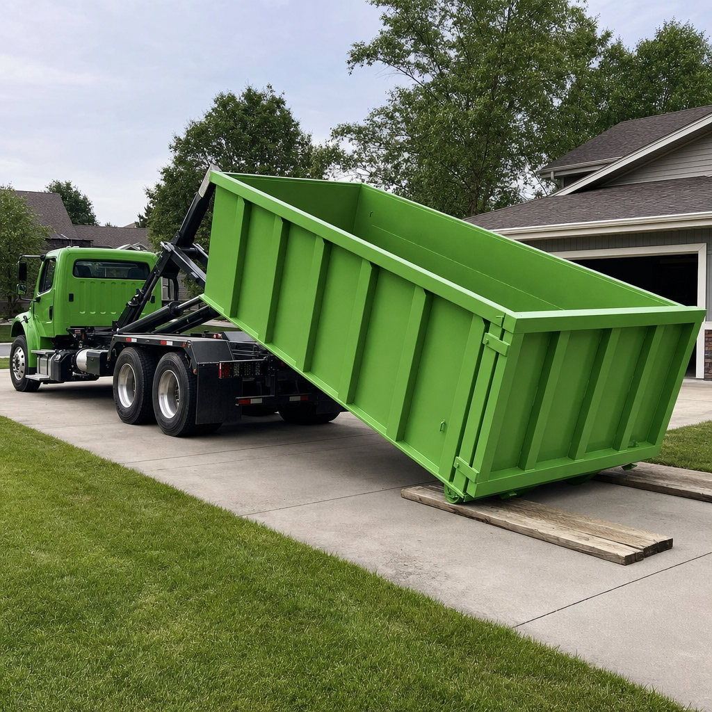White hooklift truck lowering a green roll-off dumpster onto wooden planks at a local jobsite