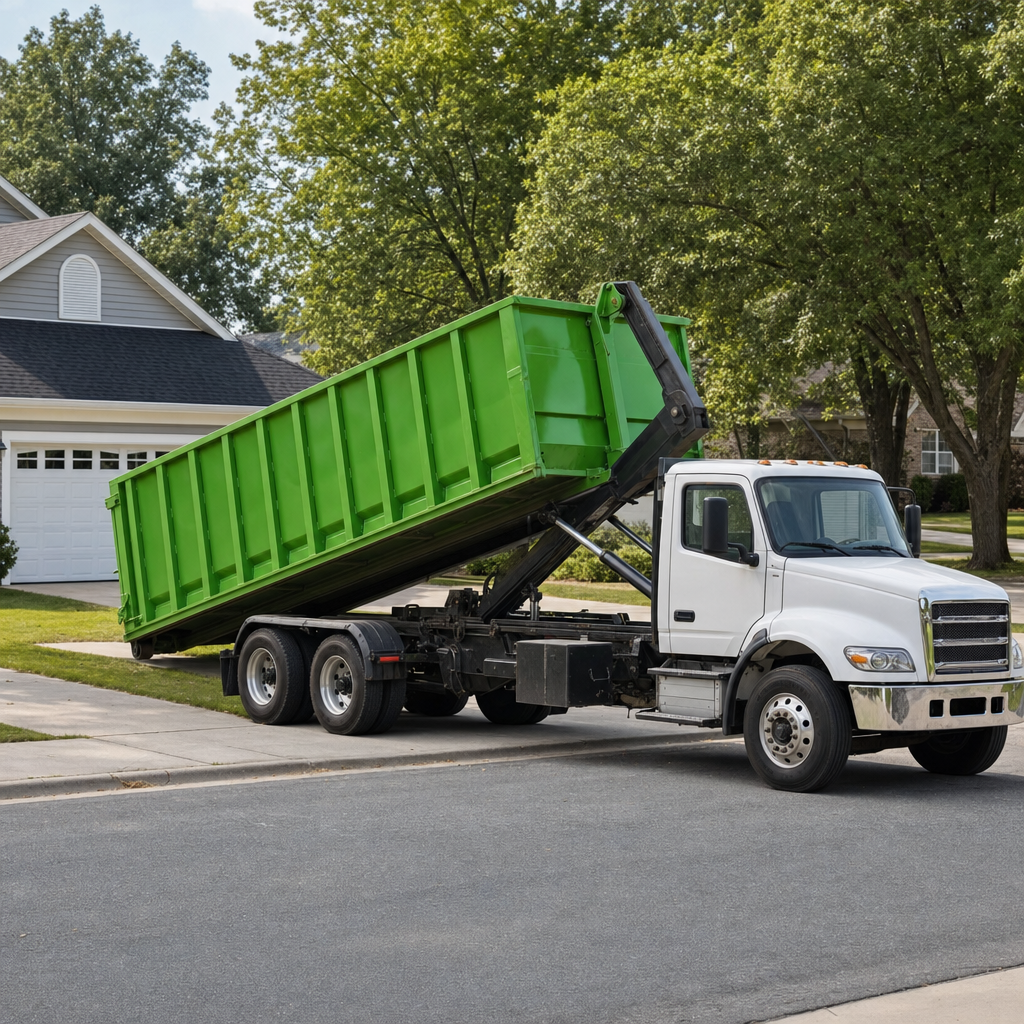 White roll-off truck with green dumpster ready for delivery on a residential street