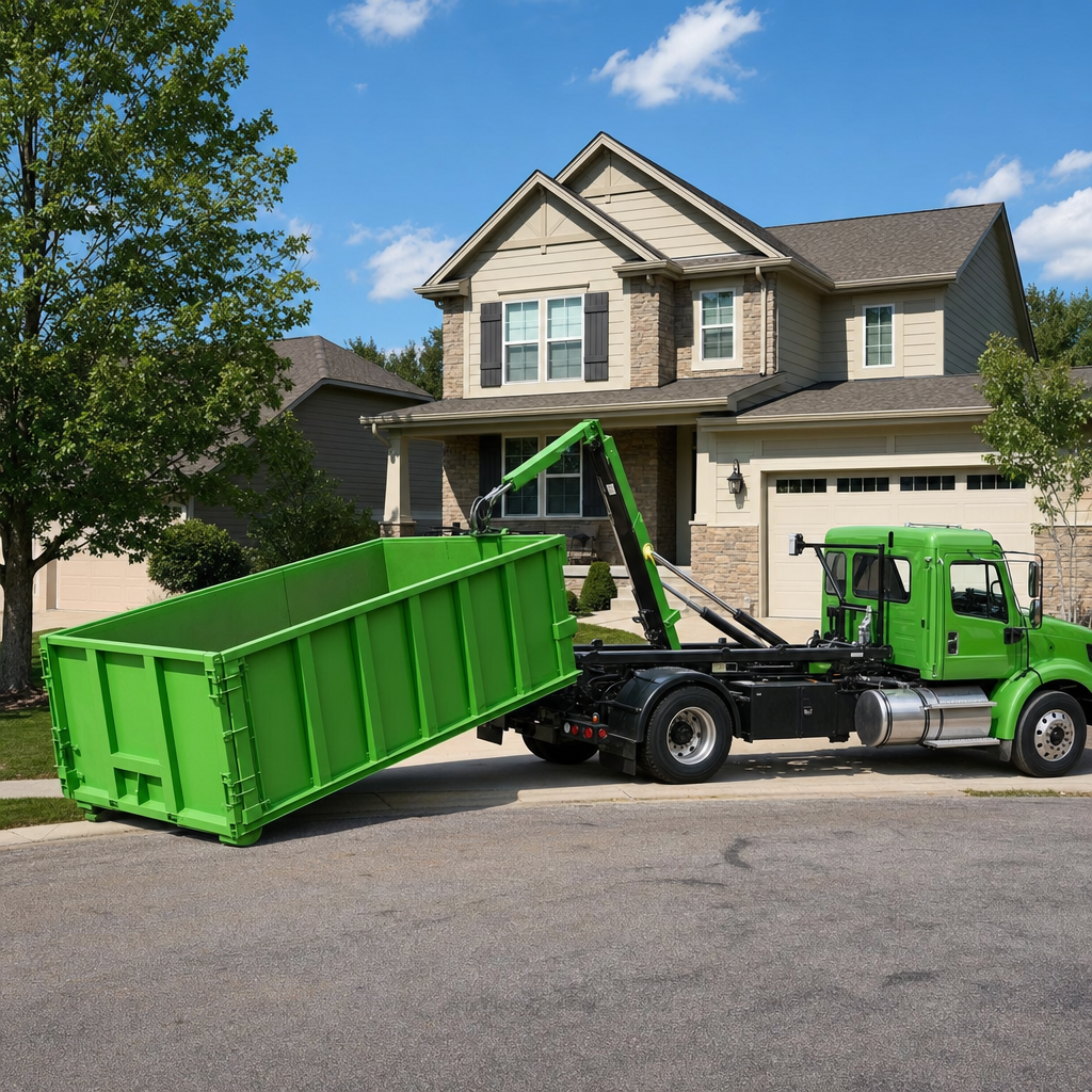 Bright industrial green roll-off dumpster being lowered onto a residential driveway by a white hooklift truck