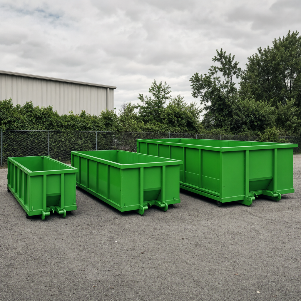 A row of industrial safety green roll-off dumpsters in three sizes lined up at a clean equipment yard ready for dispatch