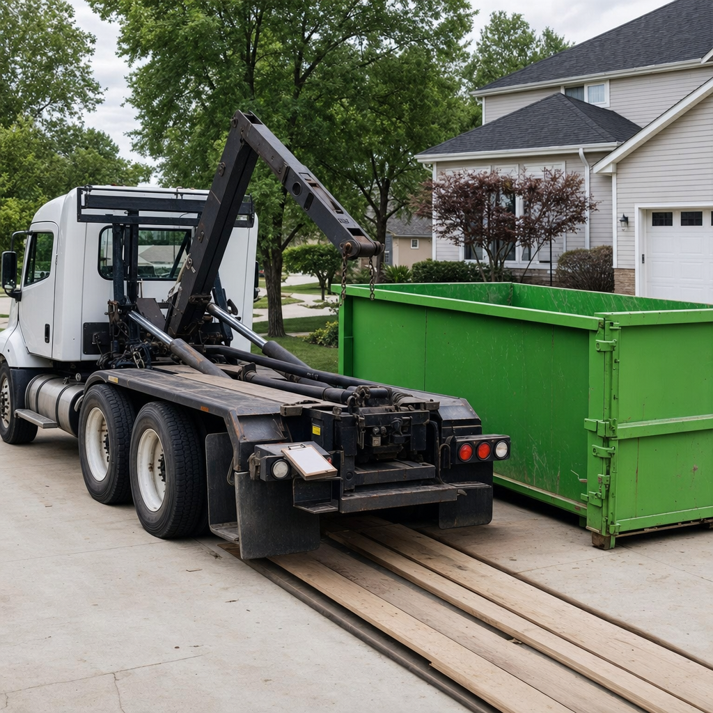 A driver in a high-visibility yellow vest checking a residential driveway with a clipboard before placing wooden planks for dumpster delivery