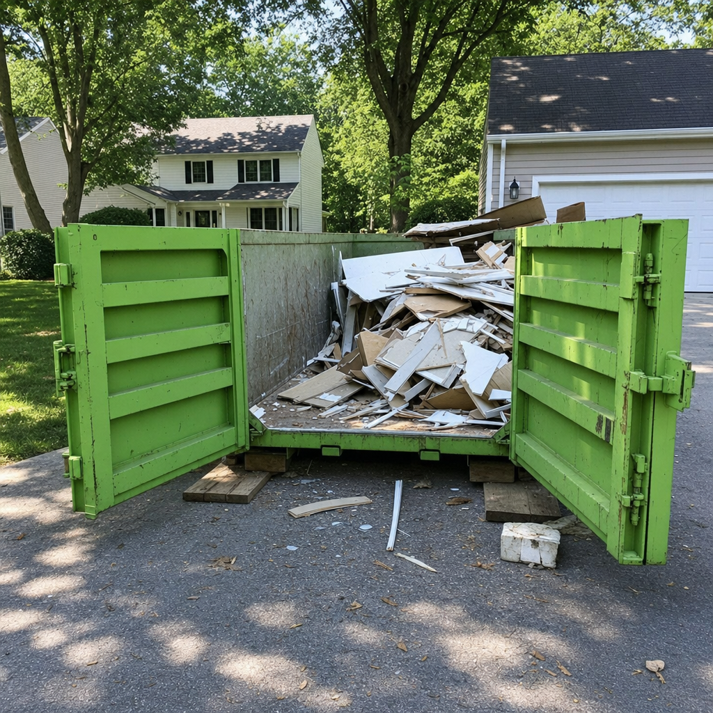 Workers in safety vests walking debris through the open rear swing door of an industrial green roll-off dumpster on wooden planks
