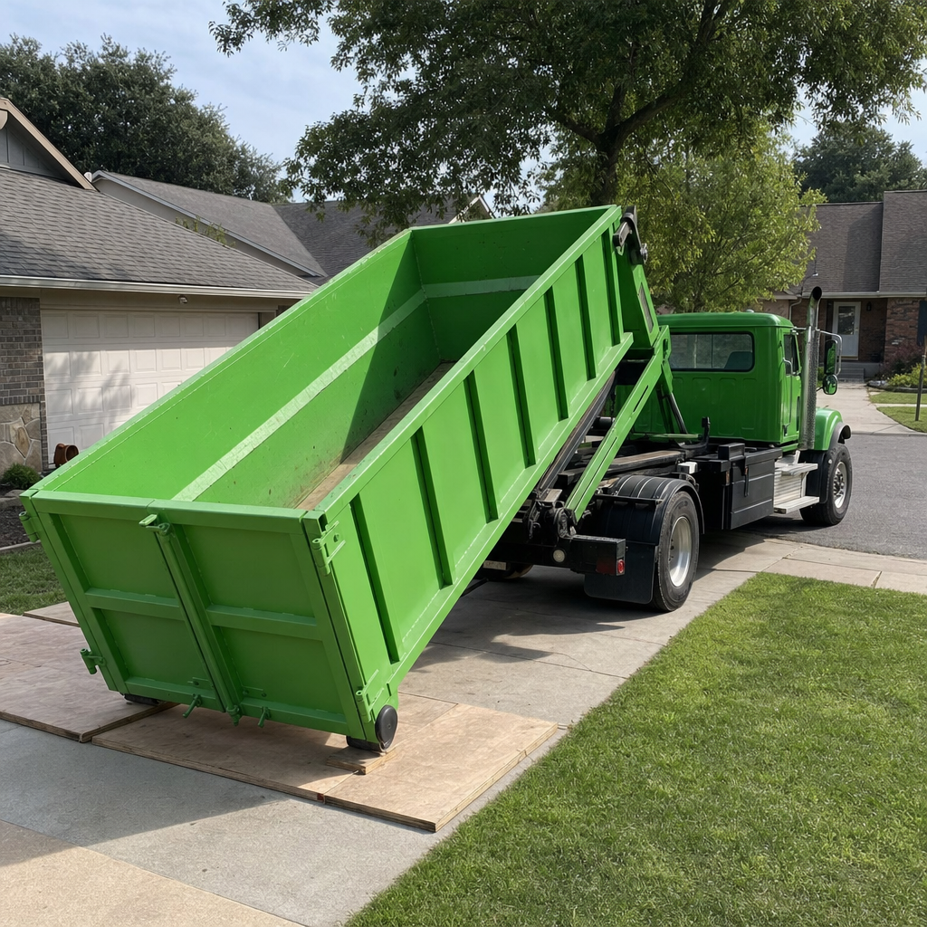 A white-cab hooklift truck setting an industrial green roll-off dumpster onto wooden planks at a residential driveway under bright daylight