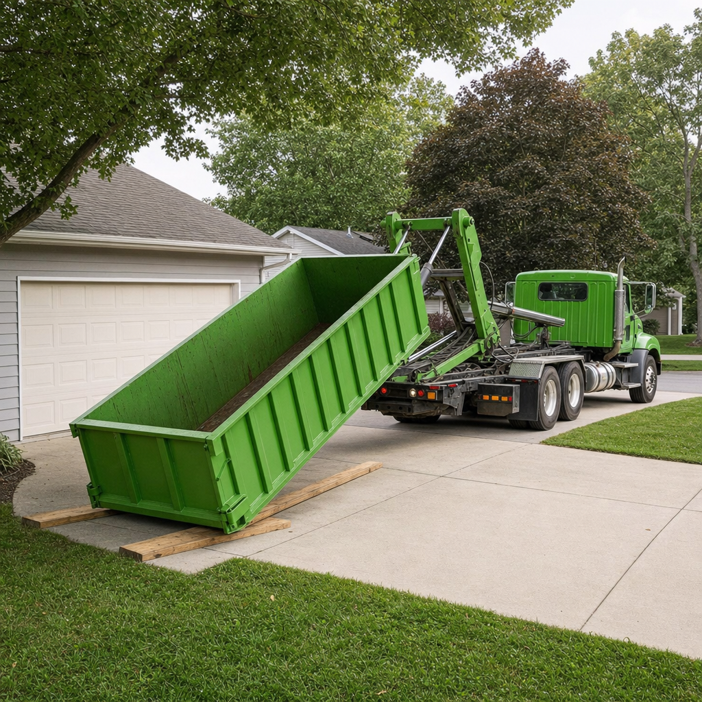 A hooklift roll-off truck delivering an industrial green dumpster onto wooden planks at a residential driveway under bright midday daylight