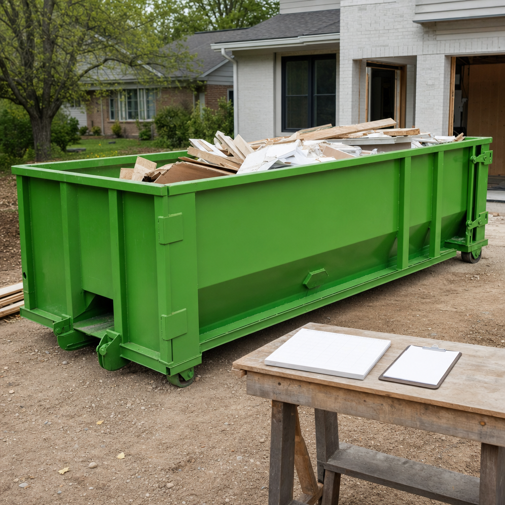 Calendar and clipboard on a workbench beside an industrial green roll-off dumpster, mid-project home remodel