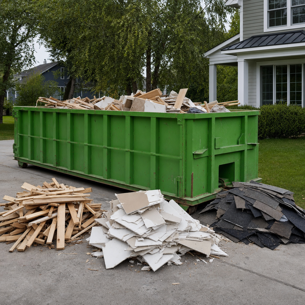 Sorted clean debris pile beside a green roll-off dumpster, wood drywall and shingles separated from prohibited items