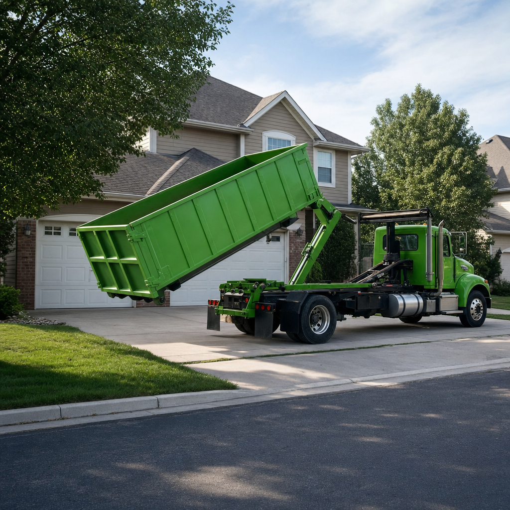 Roll-off delivery truck staged at a residential driveway with green dumpster ready to set
