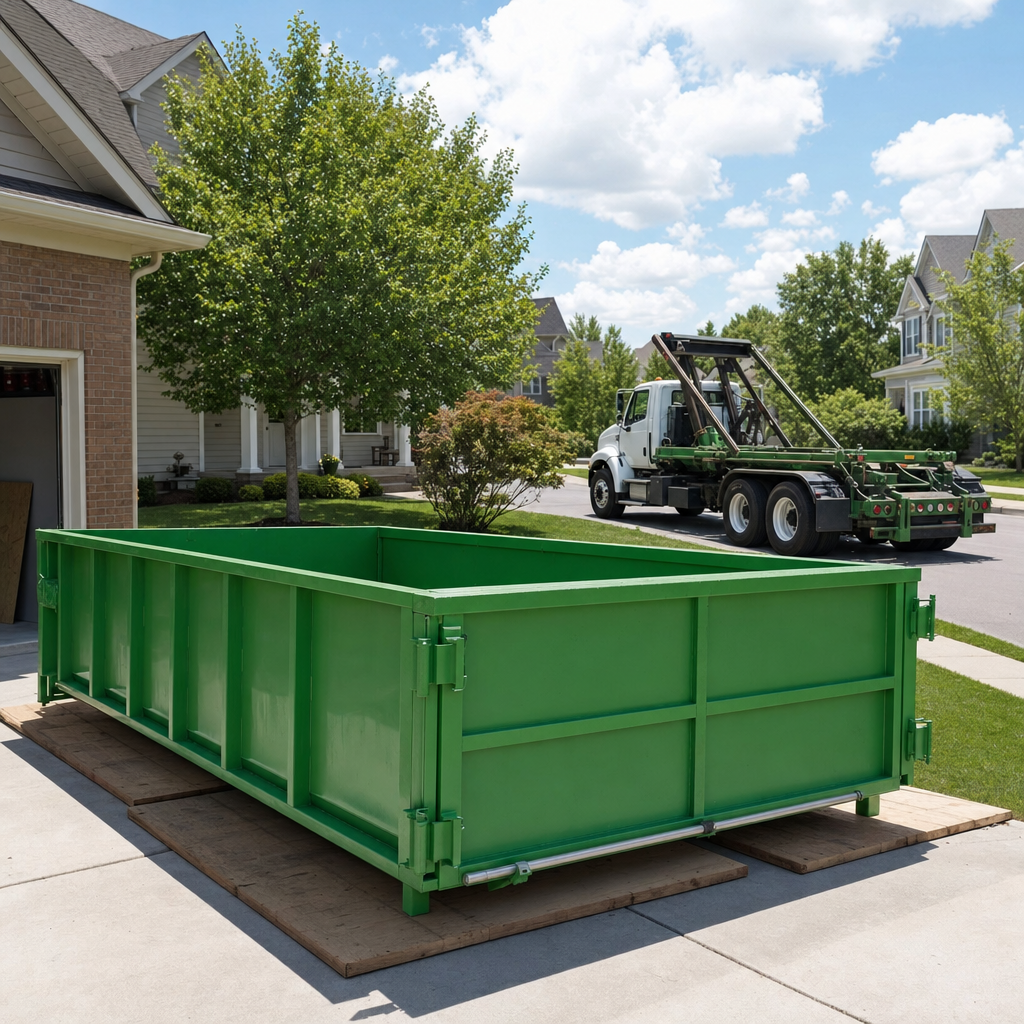 Industrial green roll-off dumpster on wooden planks in a residential driveway with delivery truck behind