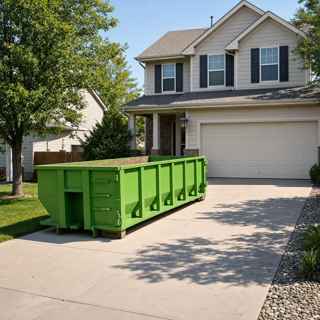 Compact roll-off dumpster placed alongside a two-car residential driveway, leaving room for the garage door