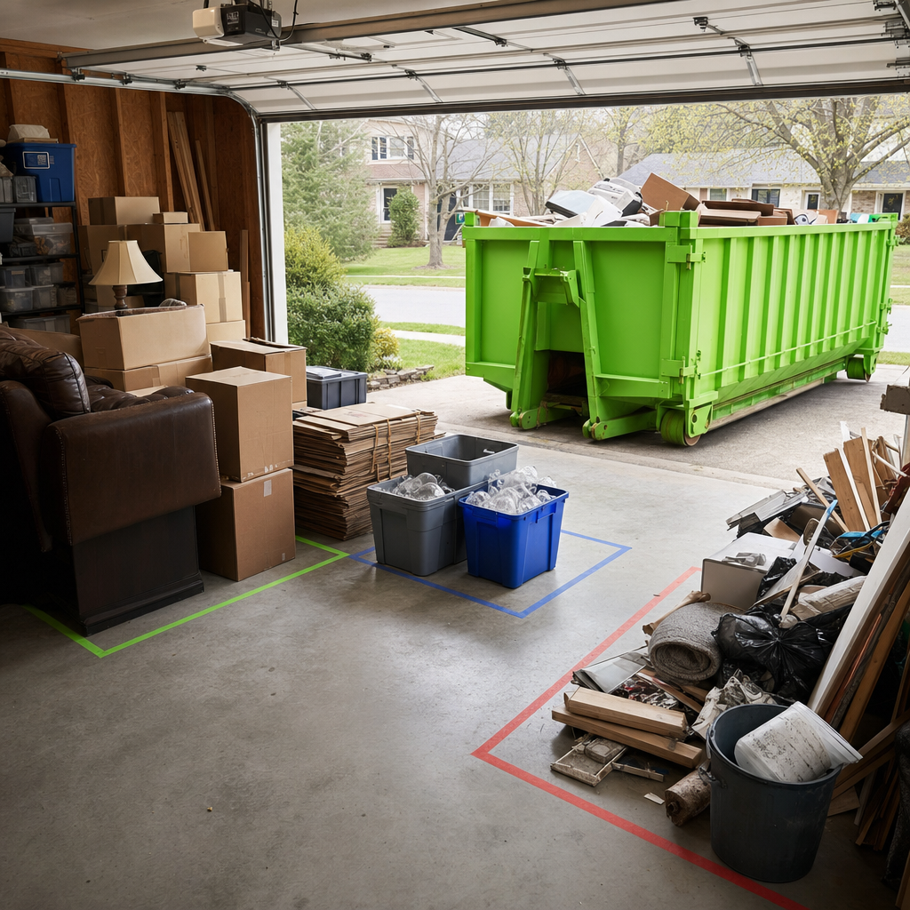 Three labeled sorting zones in a garage with donation, recycle, and dumpster stations during a whole-house cleanout