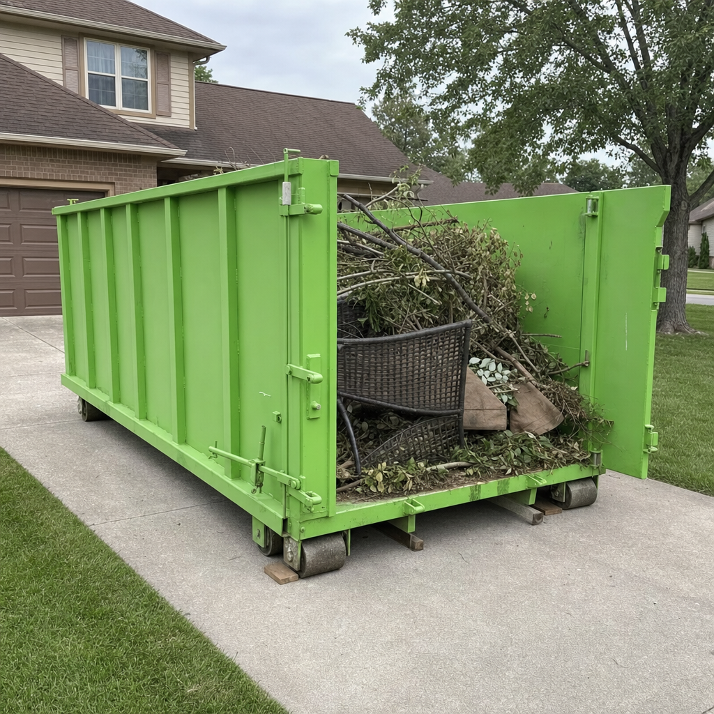 Loose lawn debris, branches, and old patio furniture being loaded over the rear walk-in door of a residential roll-off dumpster