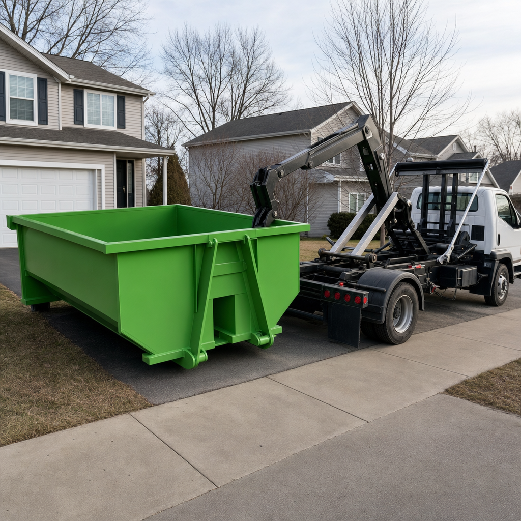White hooklift truck lowering a green roll-off dumpster onto a residential driveway