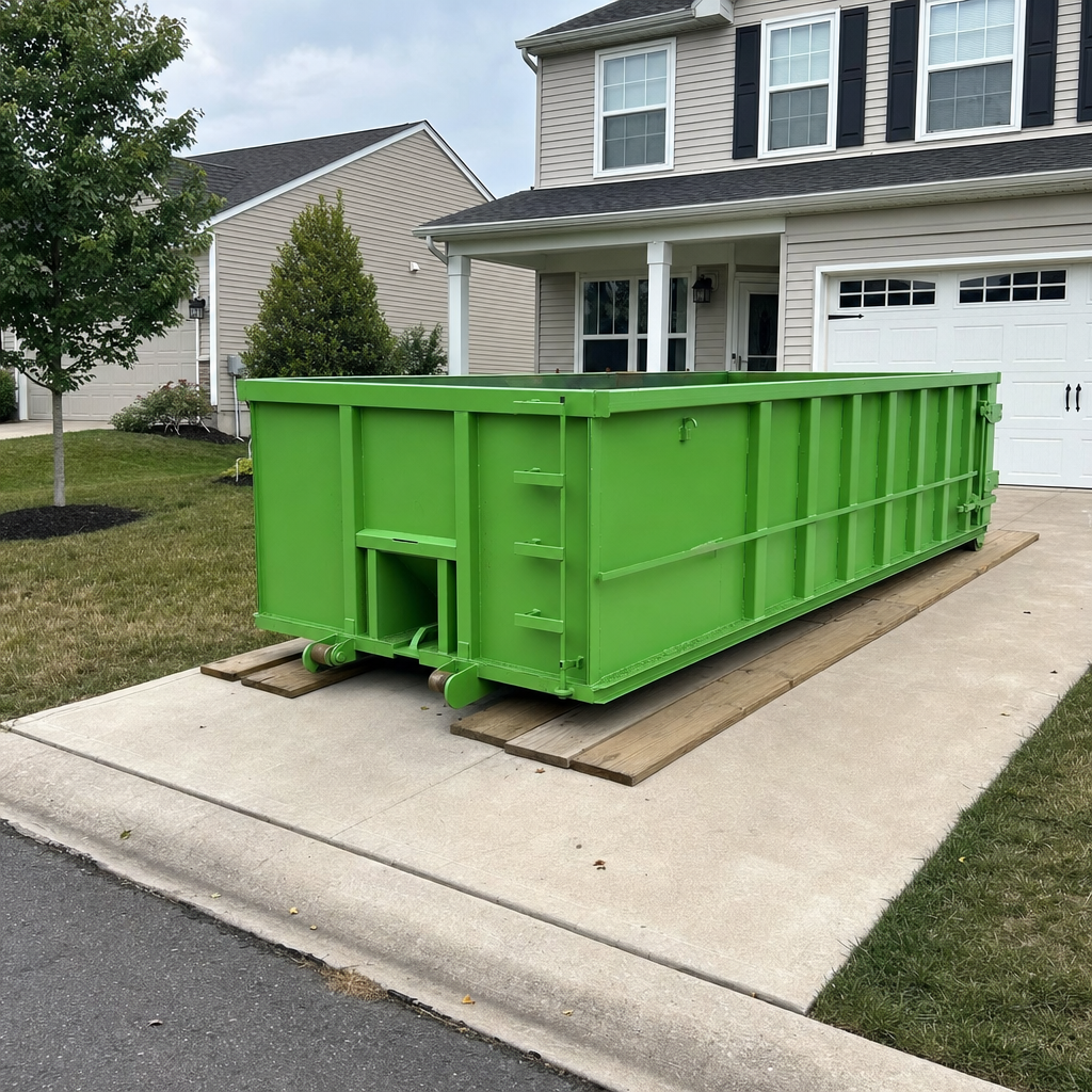 Industrial green residential roll-off dumpster on wooden planks in a suburban driveway