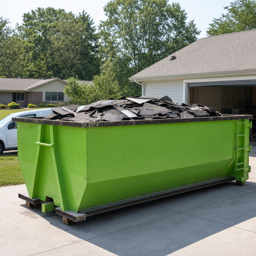 20-yard industrial green roll-off dumpster staged for an asphalt shingle tear-off
