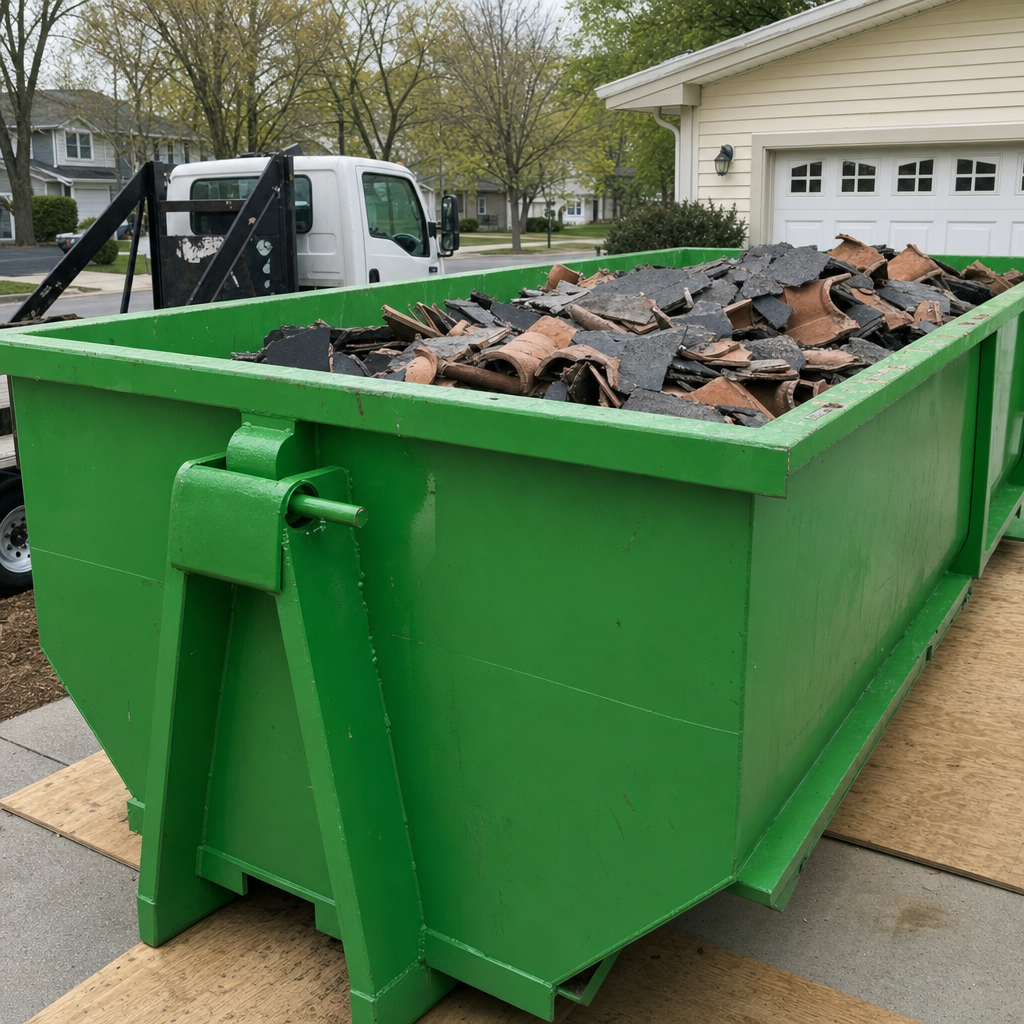 Reinforced low-side roll-off dumpster handling heavy tile roofing debris