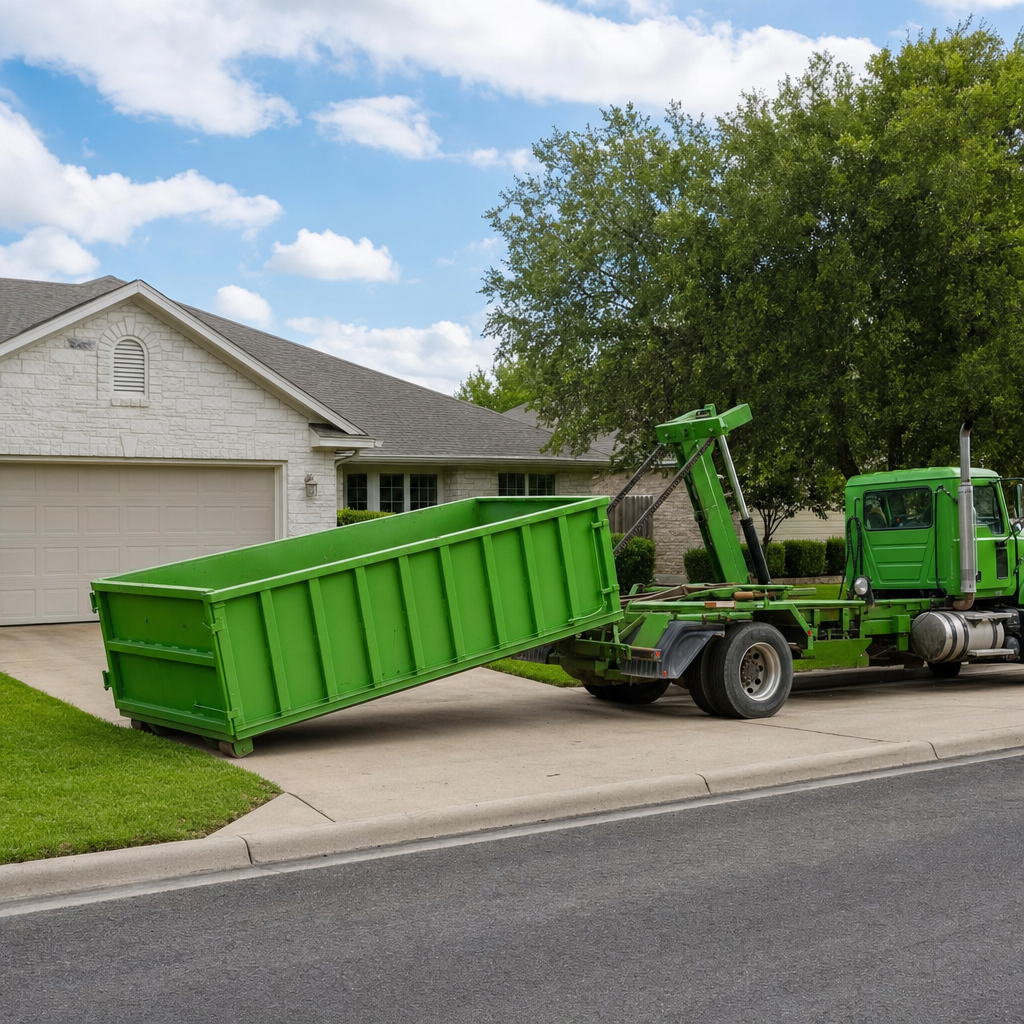 White roll-off truck delivering a green roofing dumpster to a residential driveway