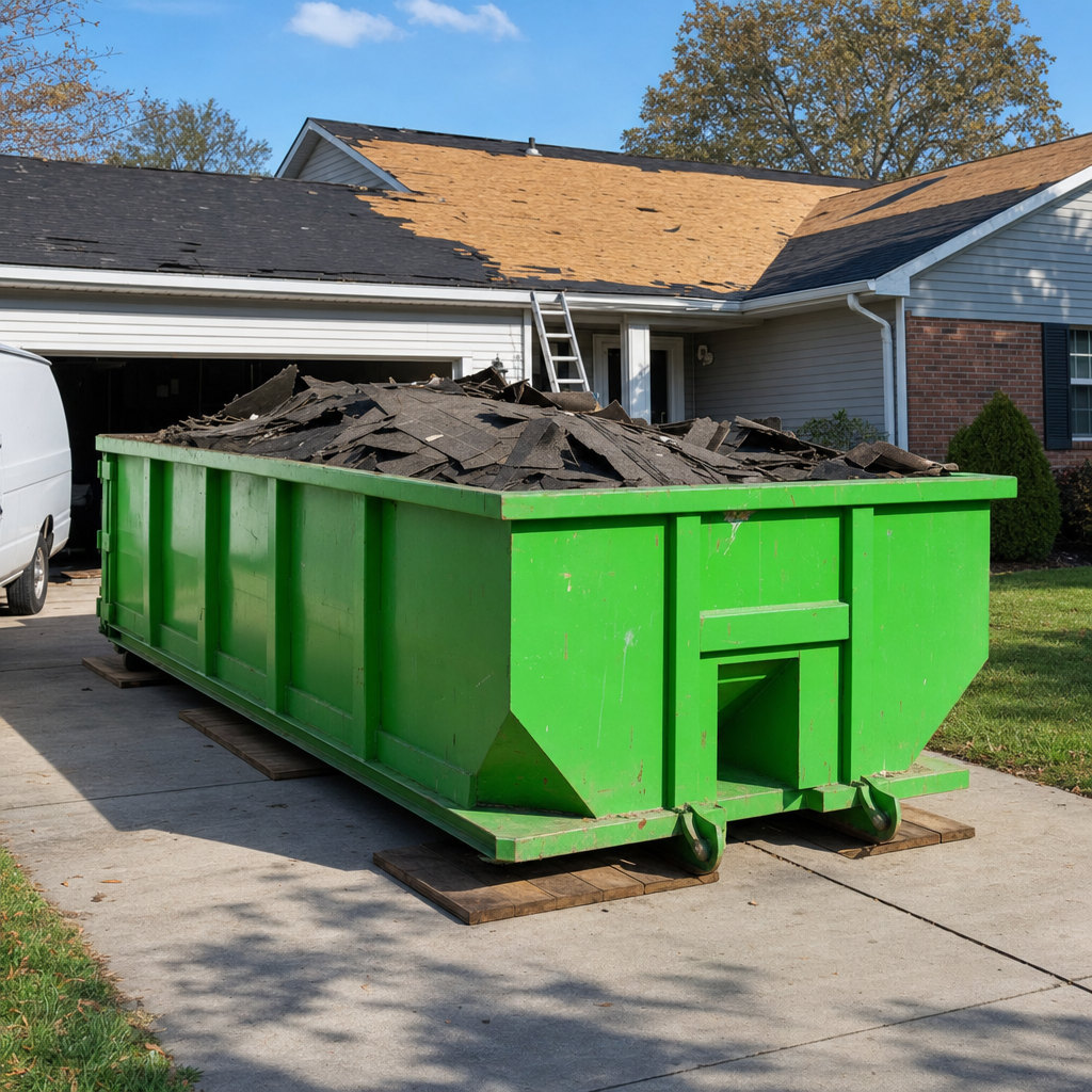 Industrial green roofing roll-off dumpster on wooden planks beside a residential roof tear-off project