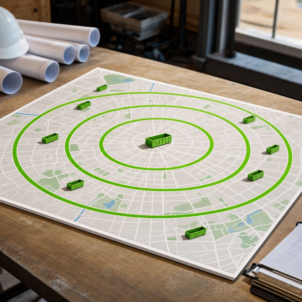 Stylized navy and orange service-area map illustration with concentric dispatch radius rings