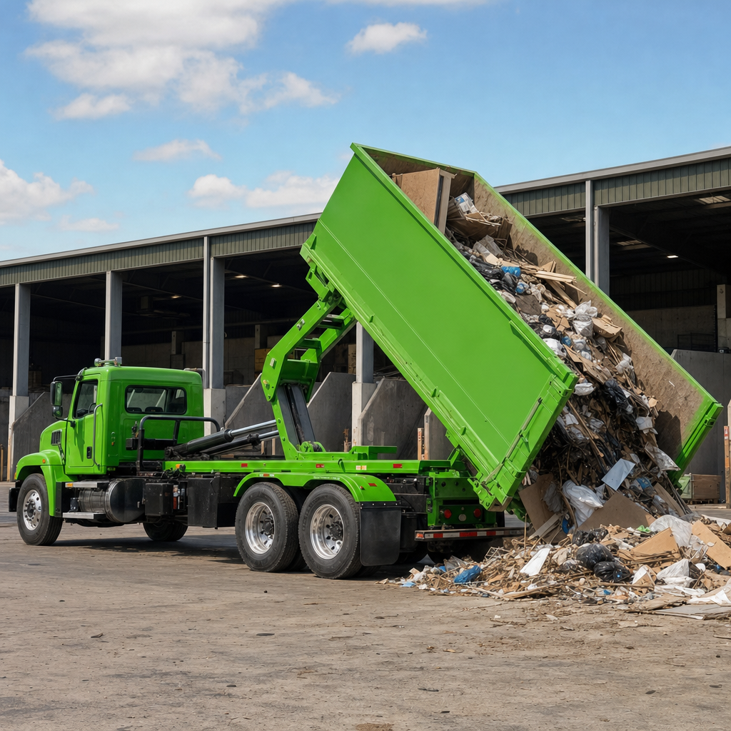 Hooklift truck unloading a roll-off container at a regional transfer station with sorting bays in the background