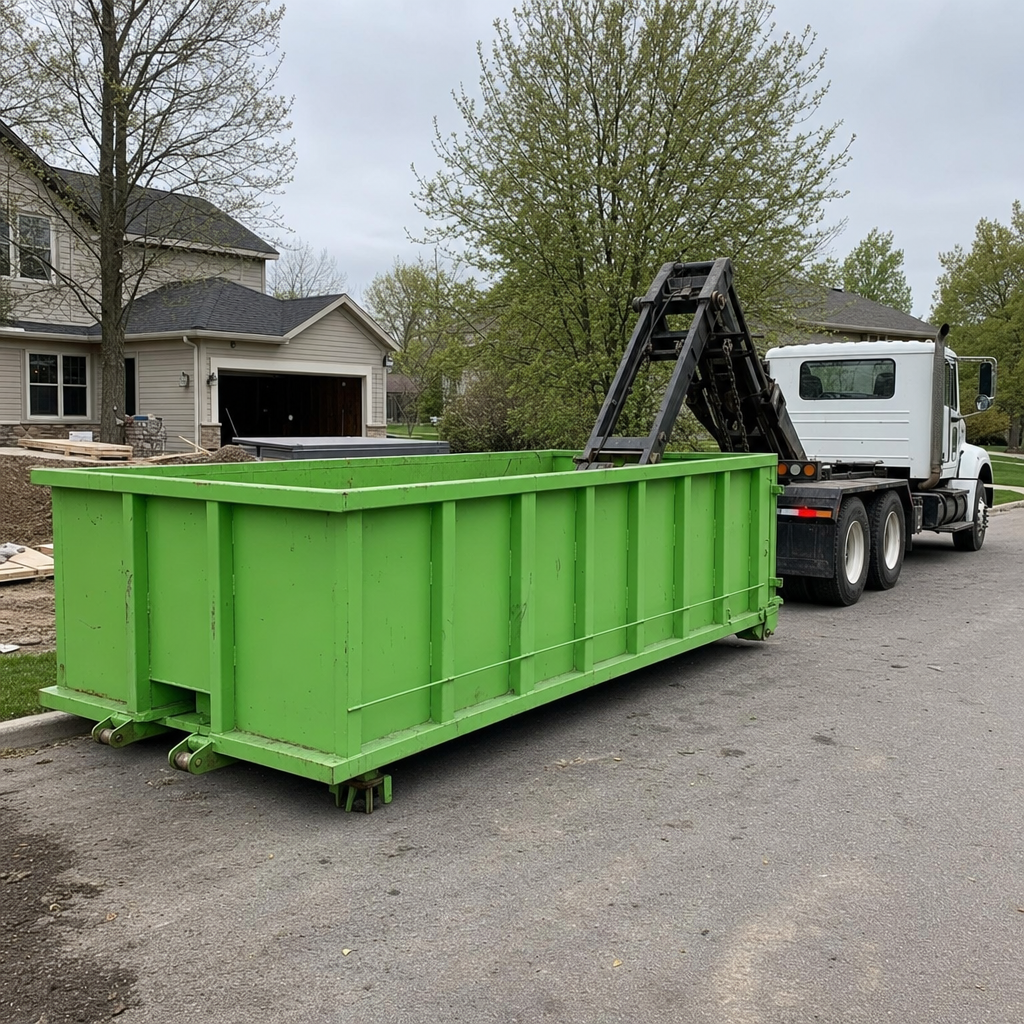 White hooklift truck delivering an industrial green roll-off dumpster on a quiet suburban street