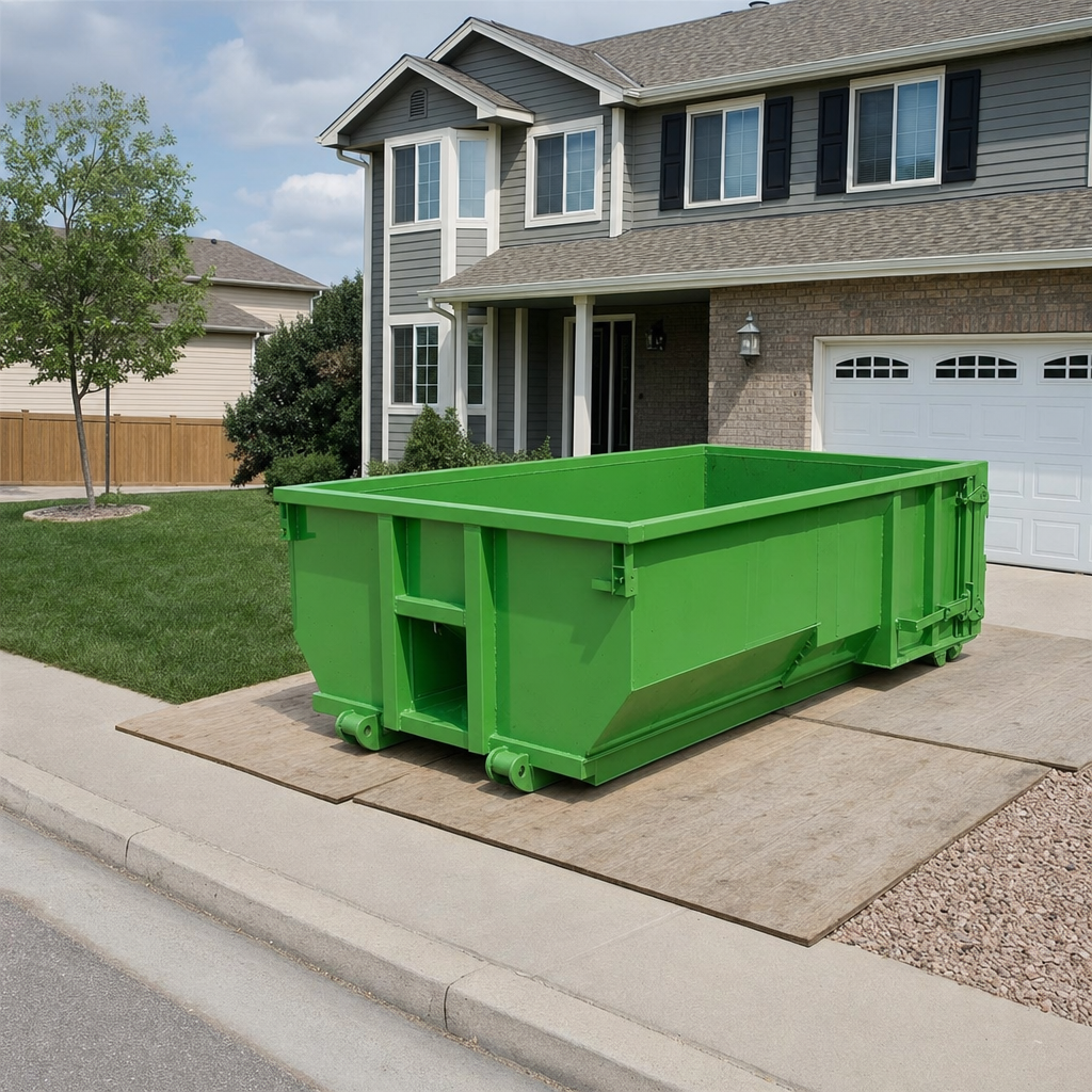 10-yard industrial green roll-off dumpster resting on wooden planks in a residential driveway