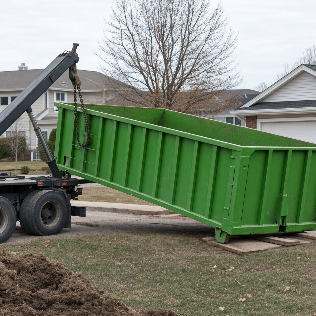 20-yard roll-off container being lowered onto wooden planks by a hooklift truck on a residential driveway