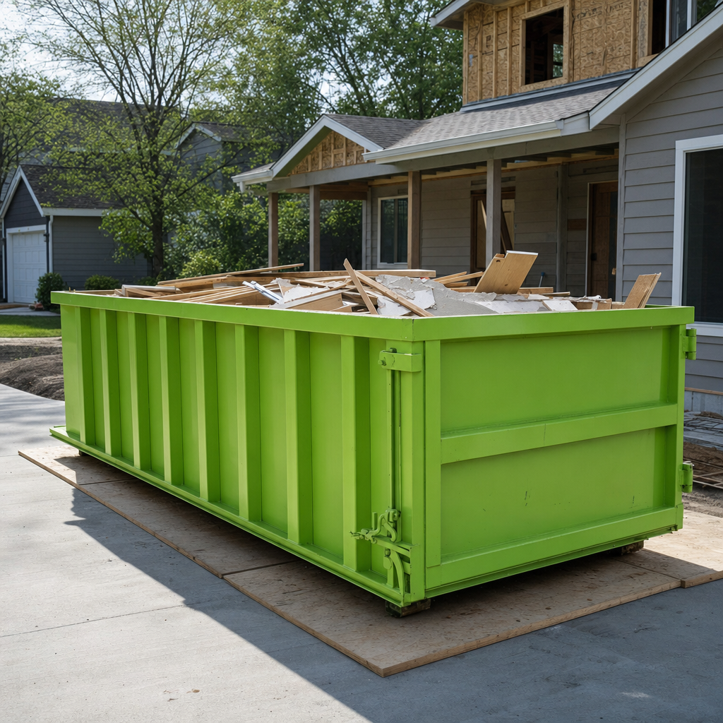 30-yard industrial green roll-off dumpster on wooden planks at a home addition jobsite