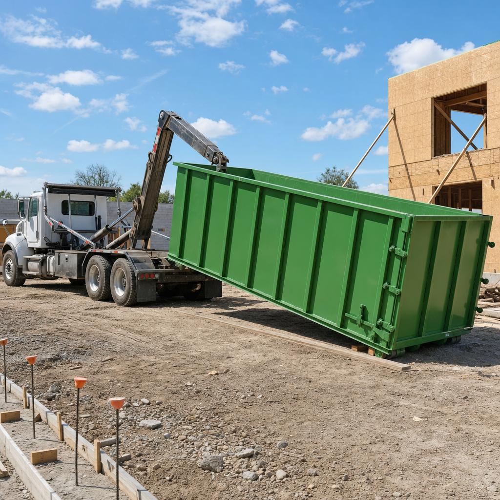 40-yard high-wall roll-off container being delivered by a white-cab hooklift truck to a commercial jobsite