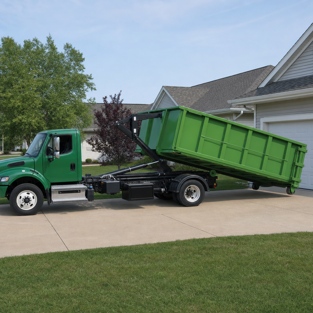 Hooklift roll-off truck with a white cab delivering an industrial green dumpster to a residential driveway at midday