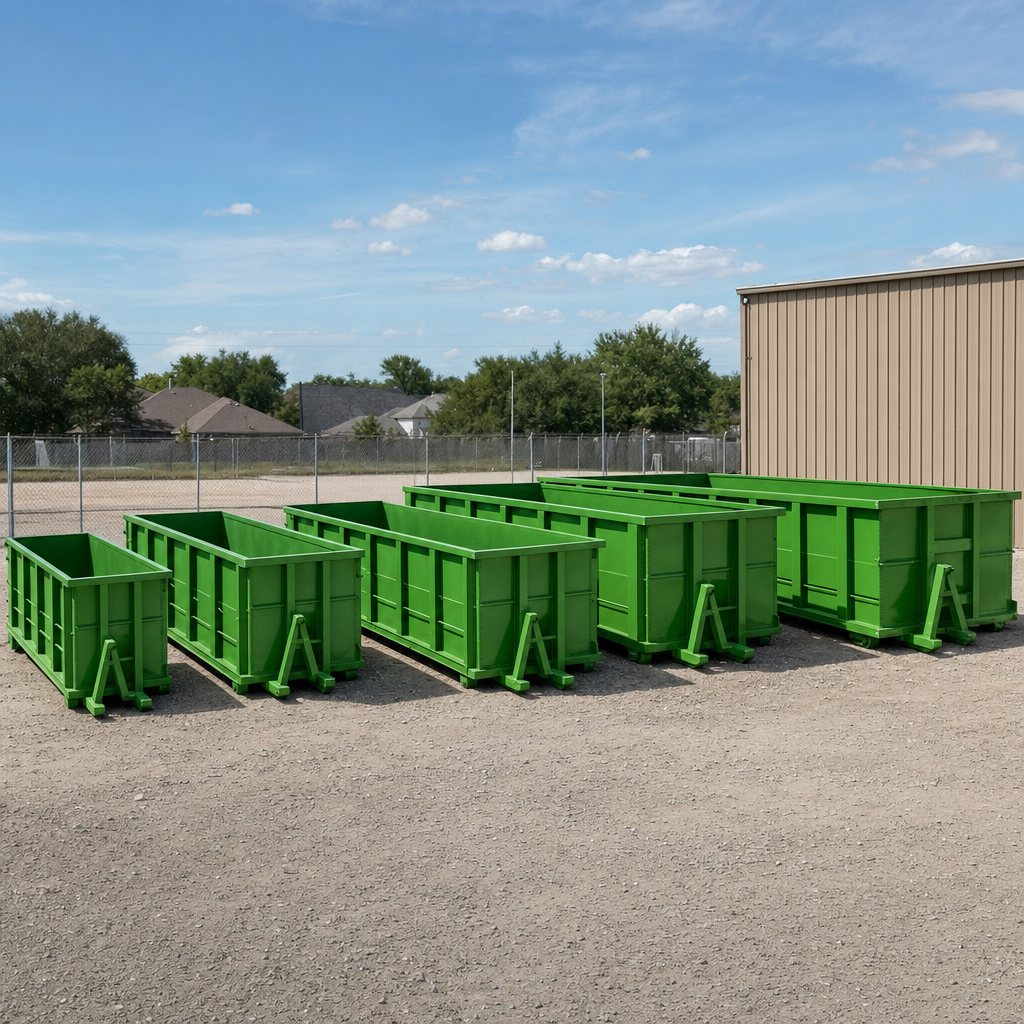 Industrial safety green roll-off dumpsters of varying sizes lined up on a worksite under bright daylight